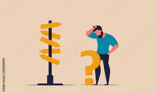 Path direction with choose career way and decision business choice sign. Future exit and occupation vector illustration concept. Puzzled road with question mark and right solution people achievement