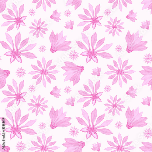 Pink flowers Seamless Watercolor pattern. Geometric, spring, delicate ornament