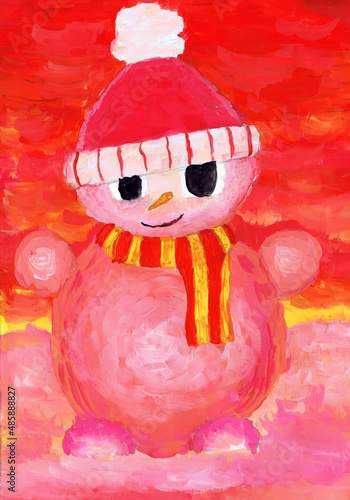 Little snowman in a pompone hat. Children's drawing photo