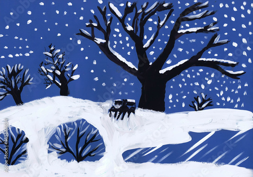 Fotografia Snowfall in the winter park. Children's drawing