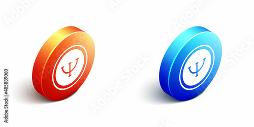 Isometric Psychology icon isolated on white background. Psi symbol. Mental health concept, psychoanalysis analysis and psychotherapy. Orange and blue circle button. Vector