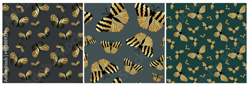 Set gold and black butterflies and dragonflies on dark background with seamless pattern. Vector illustration for the design of fabric, textiles, clothing, kimonos, men's shirts, packaging, wallpaper.