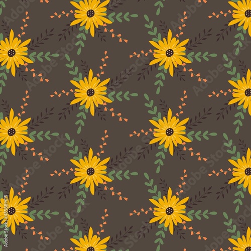 Pattern with flowers and twigs in a flat style on a dark matte background