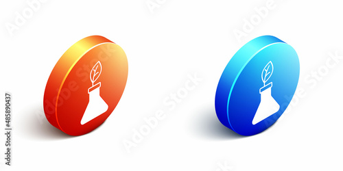 Isometric Plant breeding icon isolated on white background. Plants growing in the test tubes. Organic food ,agriculture and hydroponic. Orange and blue circle button. Vector