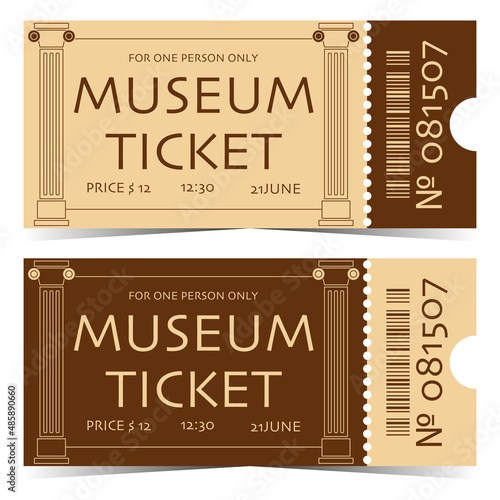 Ticket to the museum with ancient columns. Tear-off museum ticket template. Design of a horizontal detachable ticket to visit the museum. Flat vector illustration of an entrance ticket to the museum.