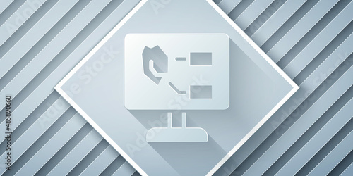 Paper cut Agricultural soil test and results icon isolated on grey background. Digital soil analysis. Paper art style. Vector
