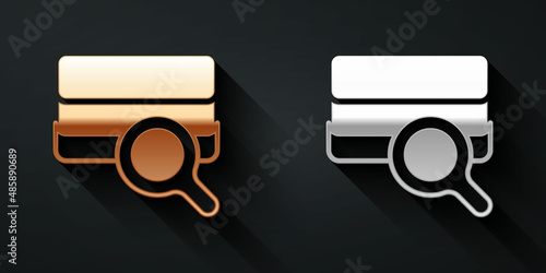 Gold and silver Agricultural soil test and results icon isolated on black background. Digital soil analysis. Long shadow style. Vector