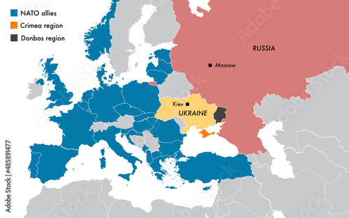 Map with the dispute between Ukraine and Russia, the Crimea and Donbas regions and the NATO allies