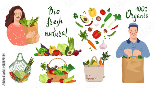 Concept of a vegan lifestyle without waste. Vegan and vegetarian food set. Eco bags set. The psychology of proper nutrition and eco lifestyle. Lettering: Bio, fresh, natural, organic