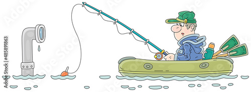 Surprised fisherman with a fishing-rod in an inflatable boat and a submarine periscope peeking out of water during a military operation, vector cartoon illustration isolated on a white background