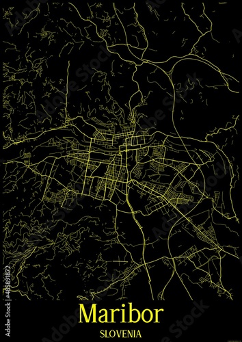 Canvas Print Black and Yellow map of Maribor Slovenia.