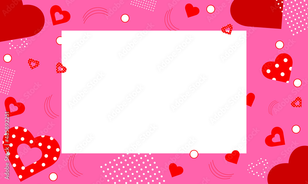 Memphis style valentine's day banner. Simple flat illustration. Polka dot hearts. Minimalistic style. Place for your text. Banner, flair, post on the Internet.