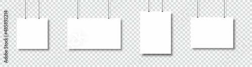 Template of white blank vector posters. Set of mockups hanging on the wall. Frame for paper sheet. Isolated on tansparent background. Vector illustration