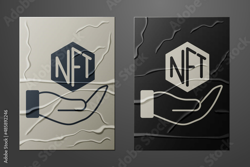 White NFT Digital crypto art icon isolated on crumpled paper background. Non fungible token. Paper art style. Vector