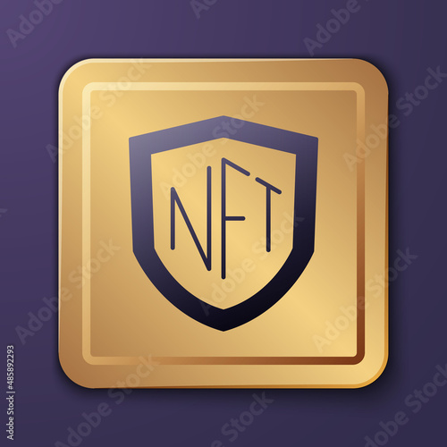 Purple NFT shield icon isolated on purple background. Non fungible token. Digital crypto art concept. Gold square button. Vector