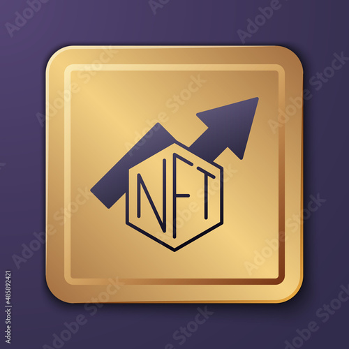 Purple NFT growth bar chart icon isolated on purple background. Non fungible token. Digital crypto art concept. Gold square button. Vector