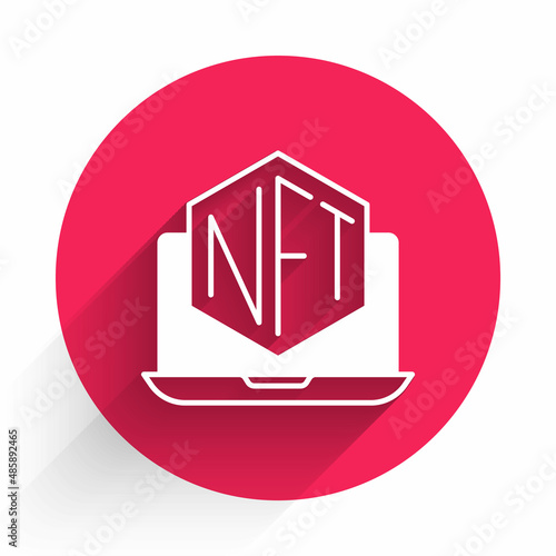 White Laptop with art store app icon isolated with long shadow background. Technology of selling NFT tokens for cryptocurrency. Non fungible token concept. Red circle button. Vector