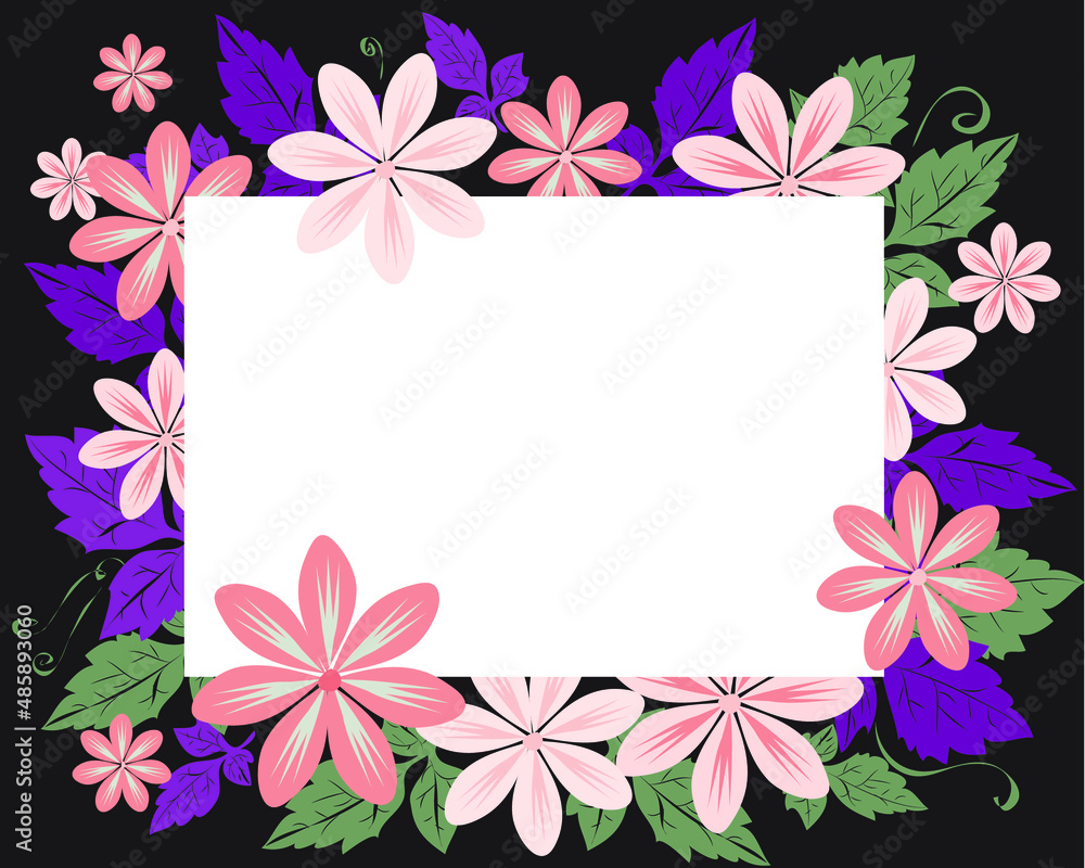 Rectangular frame with flowers and leaves for postcard design, photos, covers
