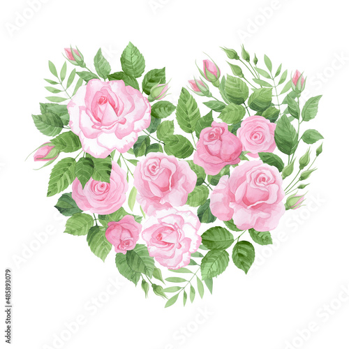 Floral heart with rose flowers and leaves. Watercolor illustration.