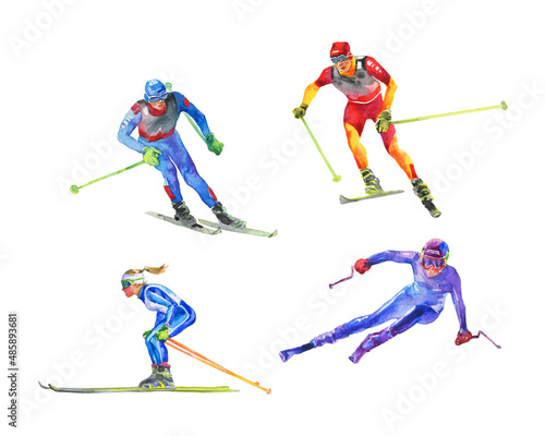 Watercolor men and woman on skis. Hand drawn set of athletes. Painting sport illustration on white background.