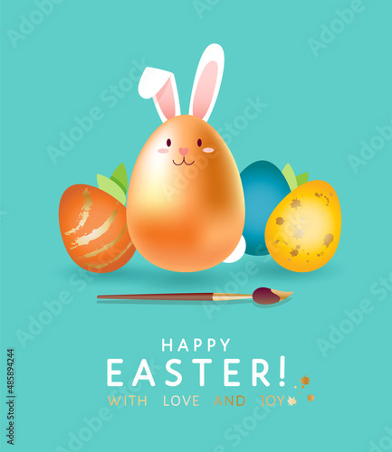 Happy Easter with love and joy! Vector seasonal holiday greeting poster, banner, card design with golden egg decorated as cute funny bunny, paintbrush, traditional creative hand drawn painted eggs. 