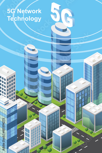 Wireless network 6G and 5G Smart city concept. Internet , 6G wireless network with high speed connection . Smart city. Isometry.Vector image. 