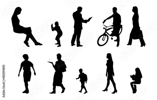 Vector silhouettes, Outline silhouettes of people, Contour drawing, people silhouette, Icon Set Isolated, Silhouette of sitting people, Architectural set	
