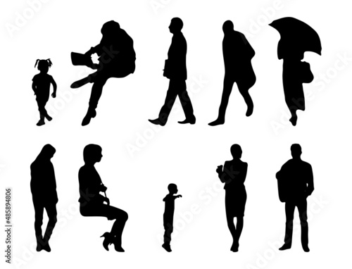 Vector silhouettes, Outline silhouettes of people, Contour drawing, people silhouette, Icon Set Isolated, Silhouette of sitting people, Architectural set	
