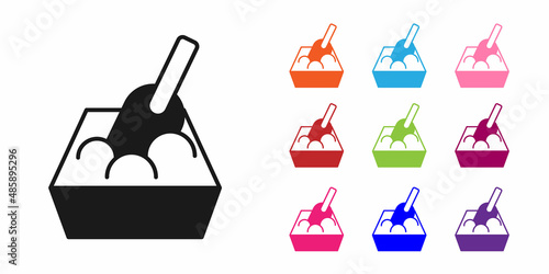 Black Cat litter tray with shovel icon isolated on white background. Sandbox cat with shovel. Set icons colorful. Vector