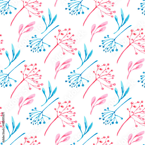 Watercolor seamless pattern. Watercolor flowers illustration. Watercolor floral pattern. Frozen flowers and plants. Winter wild flowers. Winter watercolor pattern with blue and pink flowers