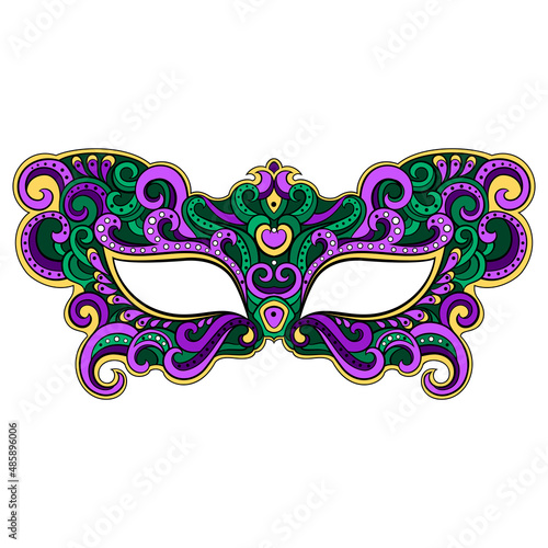 Festive masquerade mask in green and purple colors. Vector illustration isolated on white background