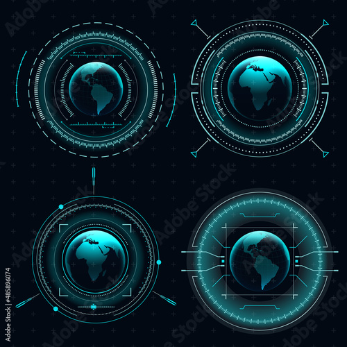 Realistic transparent planet earth holograms. Futuristic blue concept of planet. Digital globe world and HUD style elements. Hi-tech hologram of planet Earth with blue splashes
