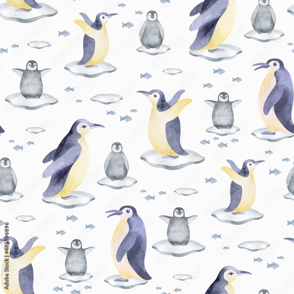 Fototapeta premium Seamless pattern with northern animals. Childish illustration of cute north pole animals. Watercolor illustration. For the design of holiday cards, fabric, print, poster, paper.