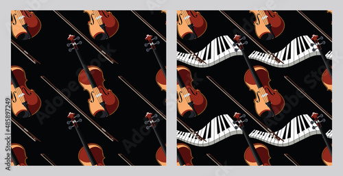Violin. Seamless pattern with musical stringed bowed instruments. Music. Vector image. Kit.