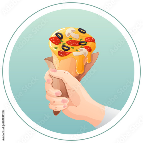 Hand holds a cone with pizza. Fast food novelty. Vector illustration isolated on white background for advertising.Take away food.