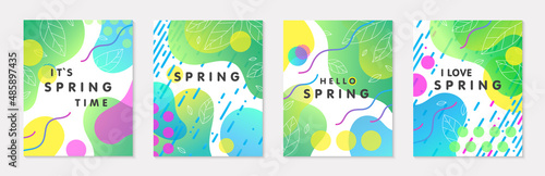 Set of spring banners with green gradient backgrounds linear leaves bright fluid shapes and geometric elements in memphis style.Abstract layouts for prints flyers invitations covers social media.