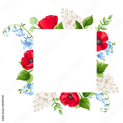 Vector card with red, blue, and white poppy, bluebell, lilac, and forget-me-not flowers. Greeting or invitation card design