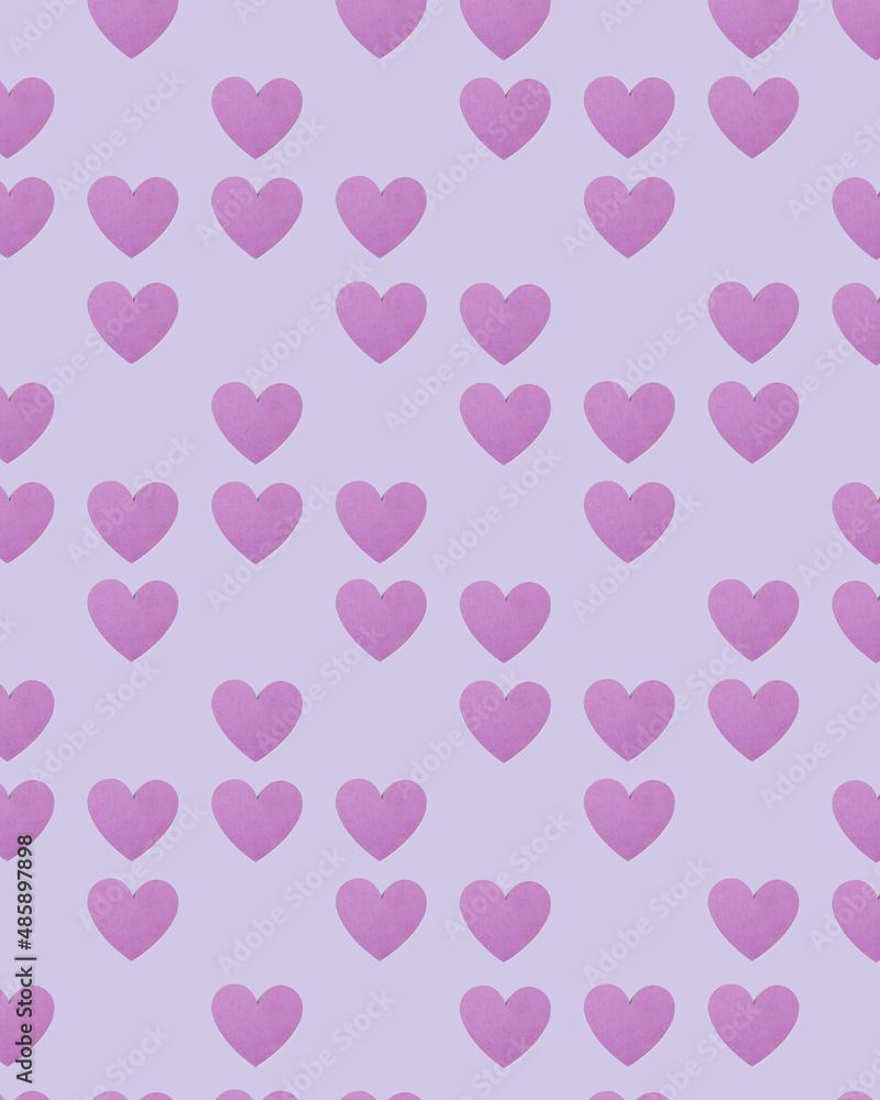 Pattern made of purple heart shapes on pastel purple background. Minimal romantic, monochromatic idea for valentines day. Aesthetic love concept.