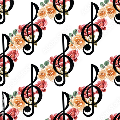 Treble clef with roses. Seamless pattern