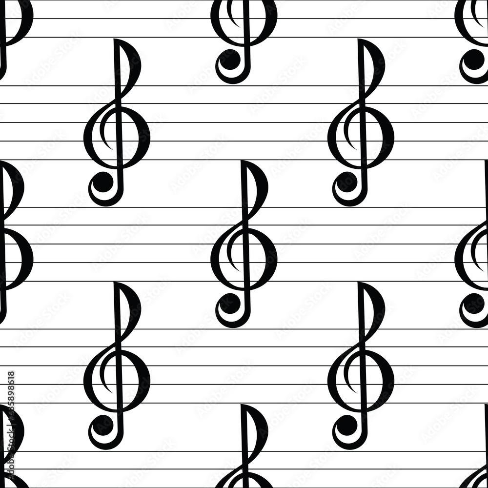 Fototapeta premium Treble musical clef. Seamless pattern with stave and notes, musical signs symbols. Vector image.