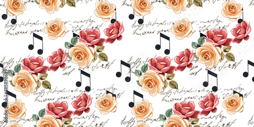 Musical notes with roses on a white background. Seamless pattern. Vector image.