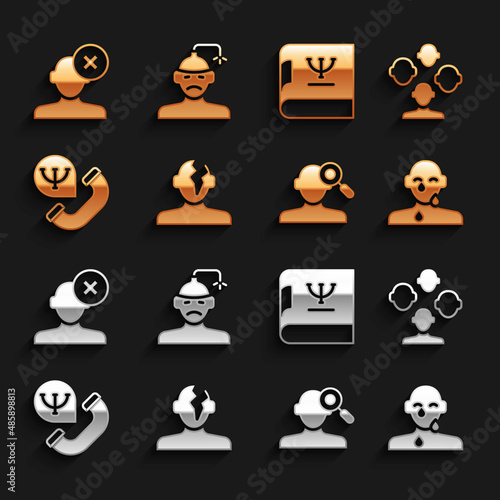 Set Solution problem in psychology, Schizophrenia, Tear cry eye, Finding, Online psychological counseling, Psychology book, and Concussion, headache icon. Vector