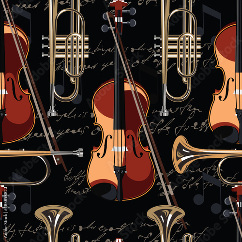 Violin with musical trumpet and roses on a black background. Seamless pattern with string and wind musical instruments. Very beautiful seamless pattern.