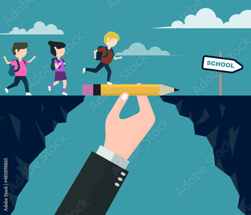 Hand holding a pen that fills in the blank for children passing by. back to school concept. editable vector.
