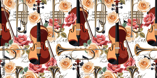 Violin with musical trumpet and roses on a white background. Seamless pattern with string and wind musical instruments and blooming flowers. Very beautiful seamless pattern.