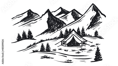 Camping in nature  Mountain landscape  sketch style  vector illustrations.