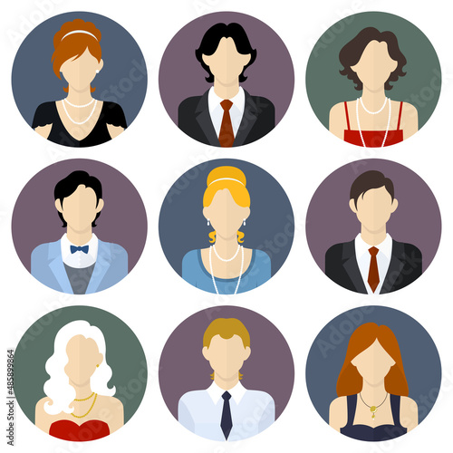 People in festive, formal clothes. Vector round avatars in a flat style.