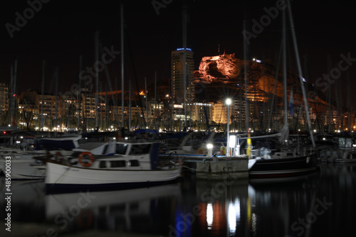 View of the Santa Barbara castle at night from the port of Alicante