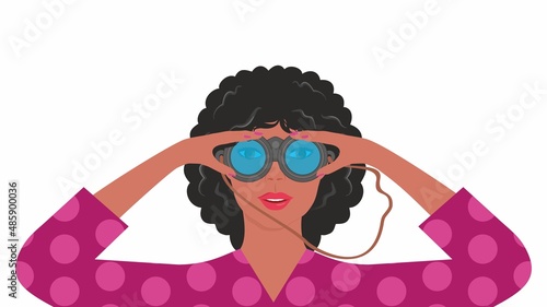 Curious woman with binoculars. Isolated on white background. Vector illustration. EPS10.