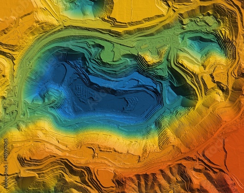 Digital elevation model. GIS product made after proccesing aerial pictures. It shows excavation site with steep rock walls that was mapped from a drone